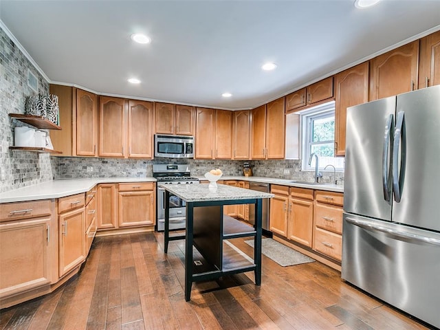 2813 Clermont Pl, Oklahoma City, OK 73116 - kitchen featuring appliances with stainless steel finishes, open shelves, light countertops, backsplash, and dark wood-type flooring