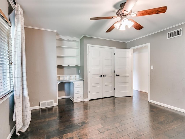 2813 Clermont Pl, Oklahoma City, OK 73116 - unfurnished living room featuring a ceiling fan, dark wood-style flooring, and ornamental molding