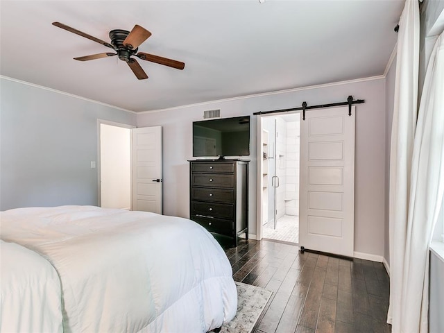 2813 Clermont Pl, Oklahoma City, OK 73116 - bedroom featuring dark wood-type flooring, a barn door, ornamental molding, ensuite bath, and a ceiling fan
