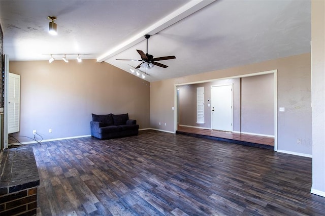 unfurnished living room featuring a ceiling fan, baseboards, vaulted ceiling with beams, and wood finished floors