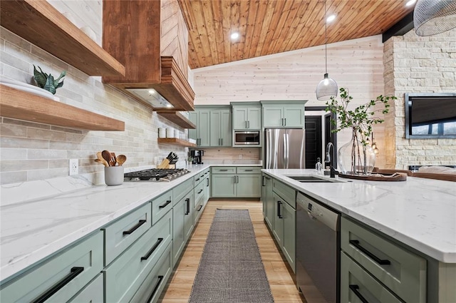 kitchen with open shelves, wood ceiling, a sink, appliances with stainless steel finishes, and green cabinets