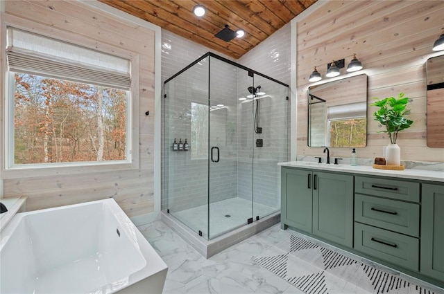 full bath with wooden ceiling, a shower stall, wood walls, and marble finish floor