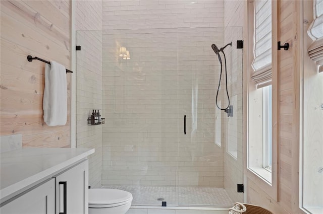 bathroom featuring vanity, toilet, and a shower stall