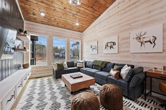 450 Whomping Willow Way, Broken Bow, OK 74728 - living area with wood walls, wood ceiling, lofted ceiling, and recessed lighting