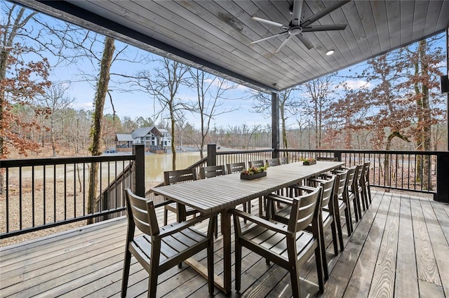 450 Whomping Willow Way, Broken Bow, OK 74728 - deck with a ceiling fan, outdoor dining area, and a water view