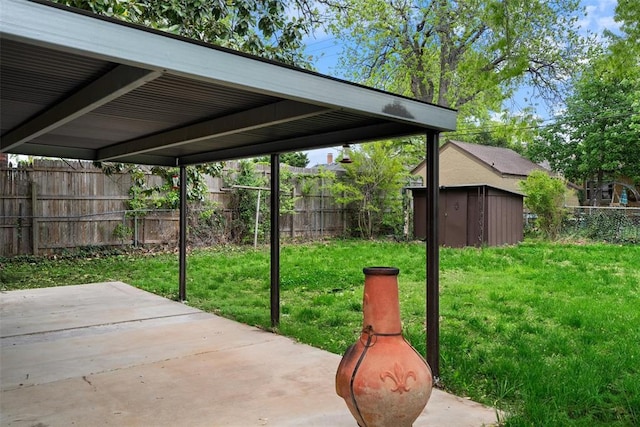 view of yard with a fenced backyard, a storage unit, a patio, and an outbuilding