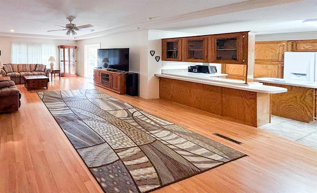 living room featuring a ceiling fan, crown molding, visible vents, and light wood-type flooring