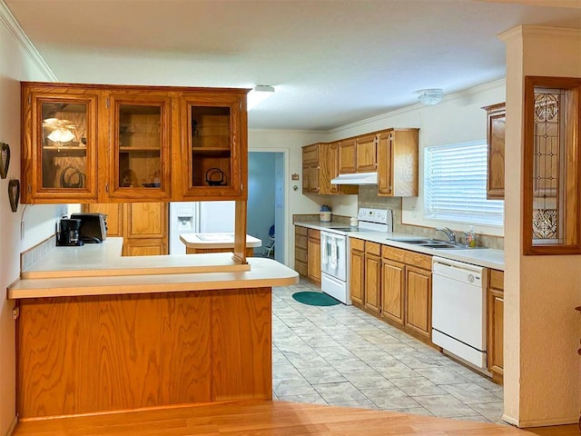 kitchen with a sink, white appliances, light countertops, under cabinet range hood, and ornamental molding