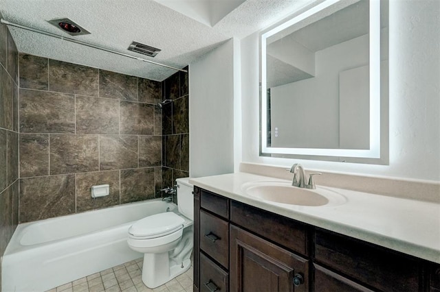 bathroom with a textured ceiling, visible vents, vanity, toilet, and bathing tub / shower combination