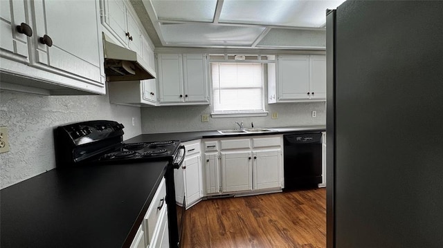 2900 Pheasant Run, Edmond, OK 73012 - kitchen featuring black appliances, under cabinet range hood, a sink, dark wood-type flooring, and white cabinets