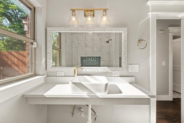 bathroom with a sink, wood finished floors, and a healthy amount of sunlight