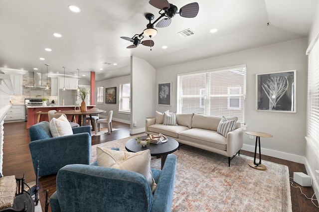 2541 NW 12th St, Oklahoma City, OK 73107 - living room with ceiling fan, baseboards, dark wood-style floors, and recessed lighting