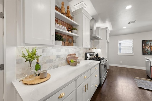 2541 NW 12th St, Oklahoma City, OK 73107 - kitchen with stainless steel appliances, wall chimney exhaust hood, open shelves, light countertops, and baseboards