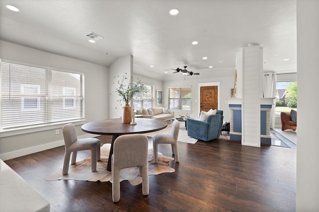 2541 NW 12th St, Oklahoma City, OK 73107 - dining space with recessed lighting, wood finished floors, a fireplace, baseboards, and ceiling fan