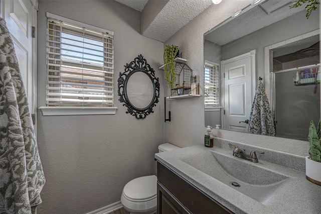 full bathroom with a textured wall, a wealth of natural light, a shower with door, and toilet