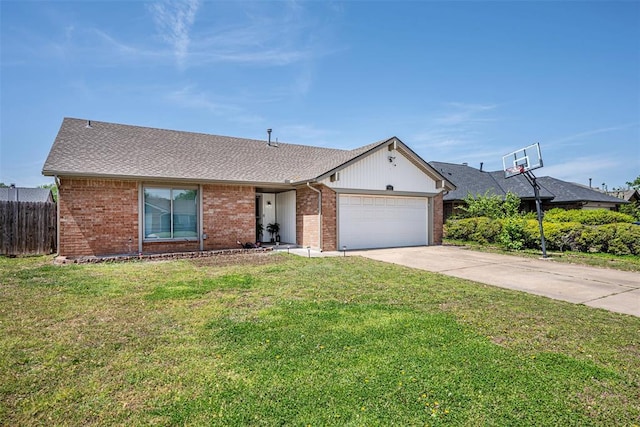 single story home with an attached garage, driveway, fence, and a front yard