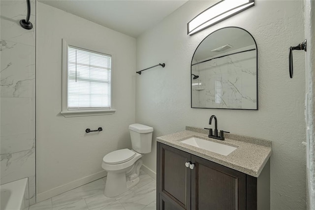3210 SE 16th St, Oklahoma City, OK 73115 - bathroom featuring marble look tiles, toilet, vanity, and baseboards
