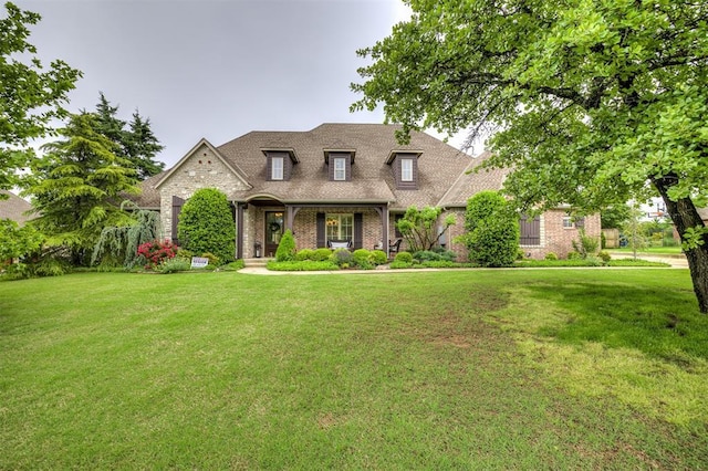 french country home featuring roof with shingles, a front yard, and brick siding