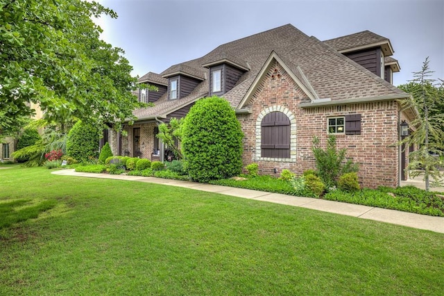 view of front facade with brick siding, a front yard, and roof with shingles