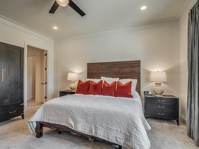 9401 Autumn Park Ln, Oklahoma City, OK 73151 - carpeted bedroom with crown molding, recessed lighting, baseboards, and ceiling fan