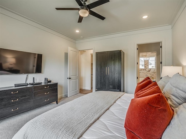 9401 Autumn Park Ln, Oklahoma City, OK 73151 - bedroom featuring a ceiling fan, light colored carpet, baseboards, ornamental molding, and recessed lighting