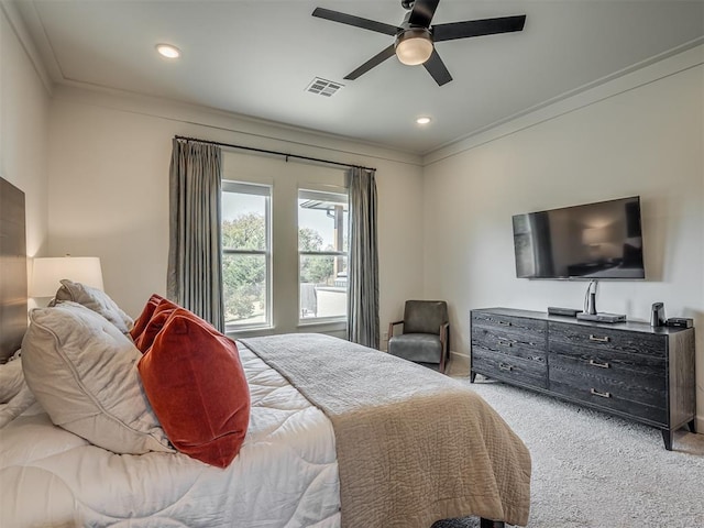 9401 Autumn Park Ln, Oklahoma City, OK 73151 - carpeted bedroom with visible vents, recessed lighting, crown molding, and a ceiling fan