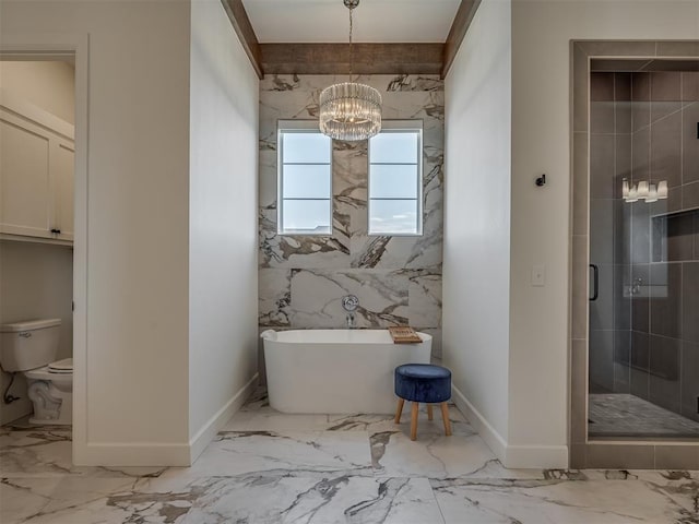 9401 Autumn Park Ln, Oklahoma City, OK 73151 - bathroom with marble finish floor, baseboards, a chandelier, a soaking tub, and a shower stall