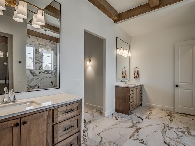 9401 Autumn Park Ln, Oklahoma City, OK 73151 - full bathroom featuring beamed ceiling, baseboards, two vanities, a shower stall, and a sink