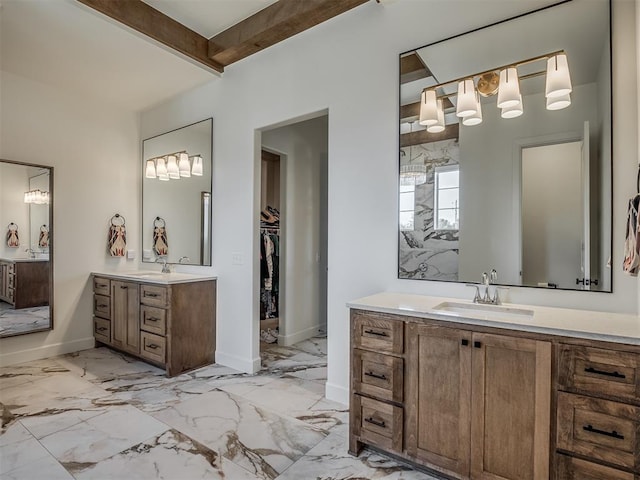 9401 Autumn Park Ln, Oklahoma City, OK 73151 - bathroom with a sink, beam ceiling, marble finish floor, baseboards, and two vanities