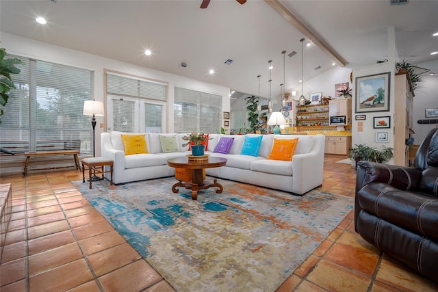 living room with vaulted ceiling with beams, recessed lighting, ceiling fan, and visible vents