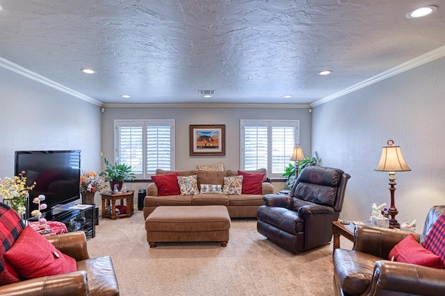 living area featuring recessed lighting, visible vents, and carpet