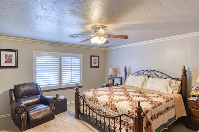 bedroom featuring visible vents, a ceiling fan, carpet, and ornamental molding