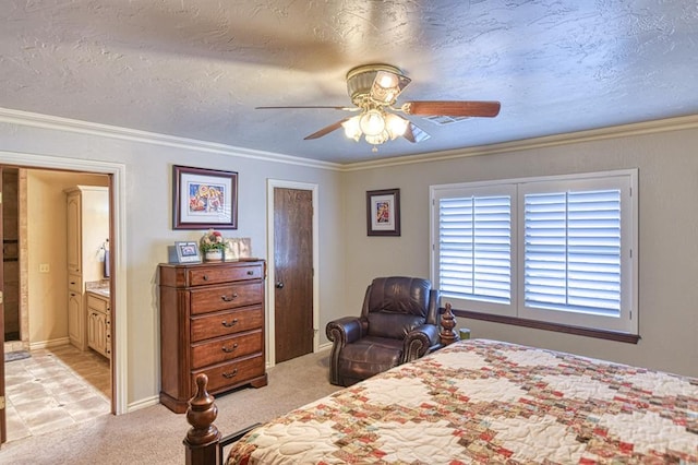 bedroom with ornamental molding, light carpet, and ceiling fan