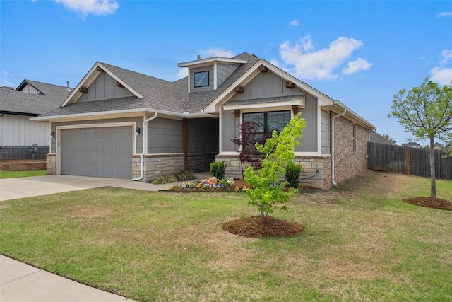 craftsman inspired home featuring driveway, stone siding, fence, an attached garage, and a shingled roof
