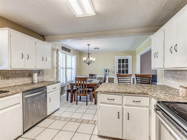 kitchen with white cabinetry, stainless steel dishwasher, decorative backsplash, and light tile patterned floors