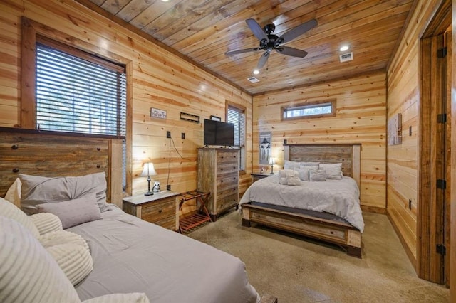 312 Sugar Pine Loop, Broken Bow, OK 74728 - carpeted bedroom with visible vents, wooden ceiling, wood walls, and recessed lighting