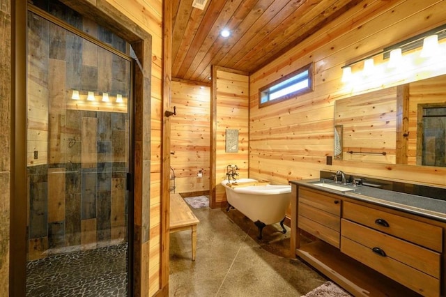 312 Sugar Pine Loop, Broken Bow, OK 74728 - full bath with wooden ceiling, a shower stall, wood walls, a freestanding tub, and vanity