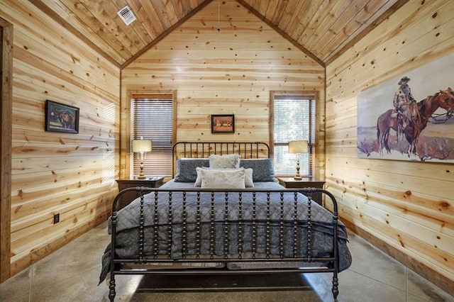 312 Sugar Pine Loop, Broken Bow, OK 74728 - bedroom featuring wood ceiling, wooden walls, visible vents, and vaulted ceiling