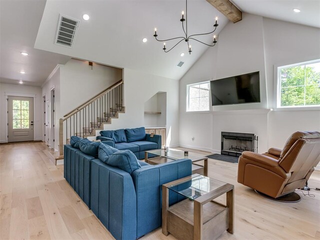 8241 Red Feather, Arcadia, OK 73007 - living room with high vaulted ceiling, visible vents, stairway, and light wood-style floors