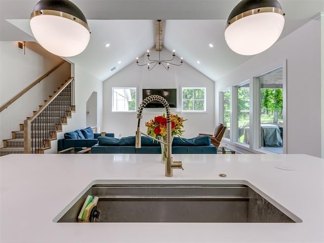8241 Red Feather, Arcadia, OK 73007 - kitchen featuring recessed lighting, open floor plan, a chandelier, and a sink