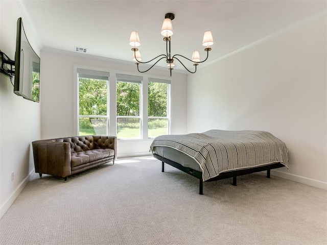 8241 Red Feather, Arcadia, OK 73007 - bedroom featuring visible vents, crown molding, baseboards, a notable chandelier, and carpet flooring