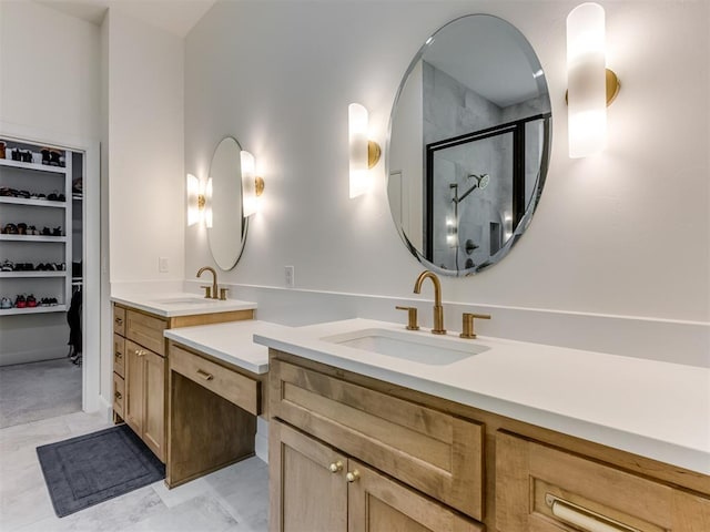 8241 Red Feather, Arcadia, OK 73007 - full bathroom with vanity, a walk in closet, and a stall shower