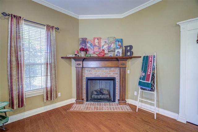 living room with a fireplace, wood finished floors, crown molding, and baseboards