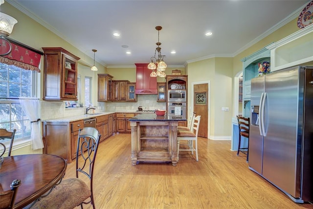 kitchen with open shelves, stainless steel appliances, light wood finished floors, and recessed lighting