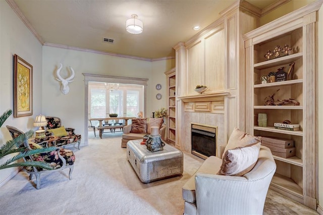 living room with light colored carpet, visible vents, ornamental molding, and a tiled fireplace
