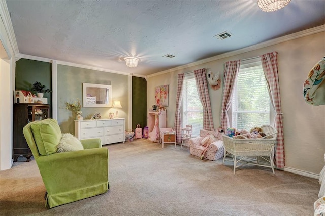 living area featuring ornamental molding, carpet flooring, and visible vents