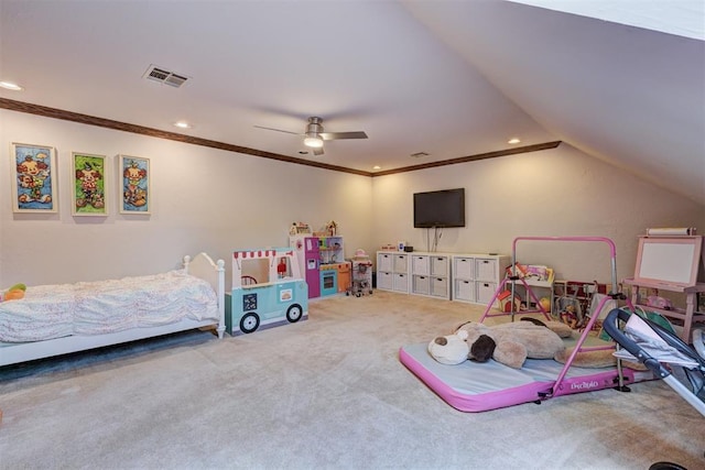recreation room featuring ornamental molding, carpet flooring, recessed lighting, and visible vents