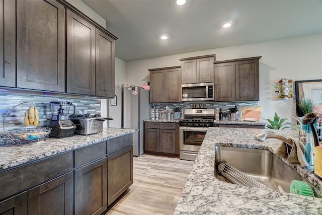 kitchen featuring a sink, backsplash, stainless steel appliances, and dark brown cabinetry