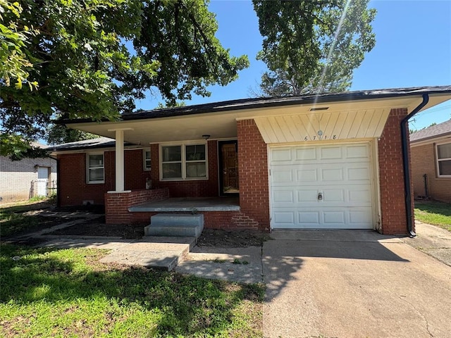 6718 NW 29th St, Bethany, OK 73008 - ranch-style home featuring concrete driveway, a porch, an attached garage, and brick siding