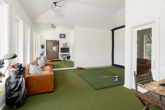 living area featuring carpet, golf simulator, and lofted ceiling